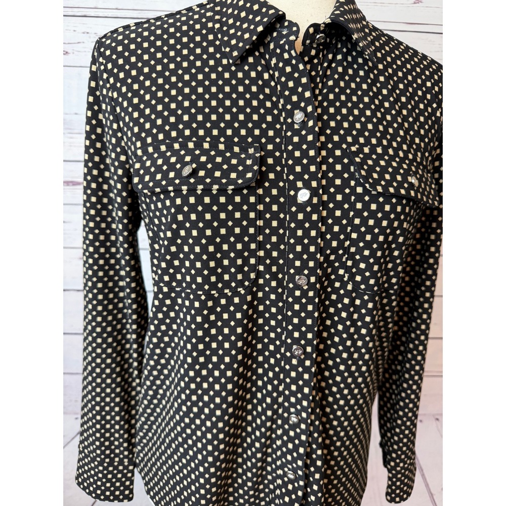 Ralph Lauren Button Front Shirt Petite Medium PM Black Geometric Square Blouse